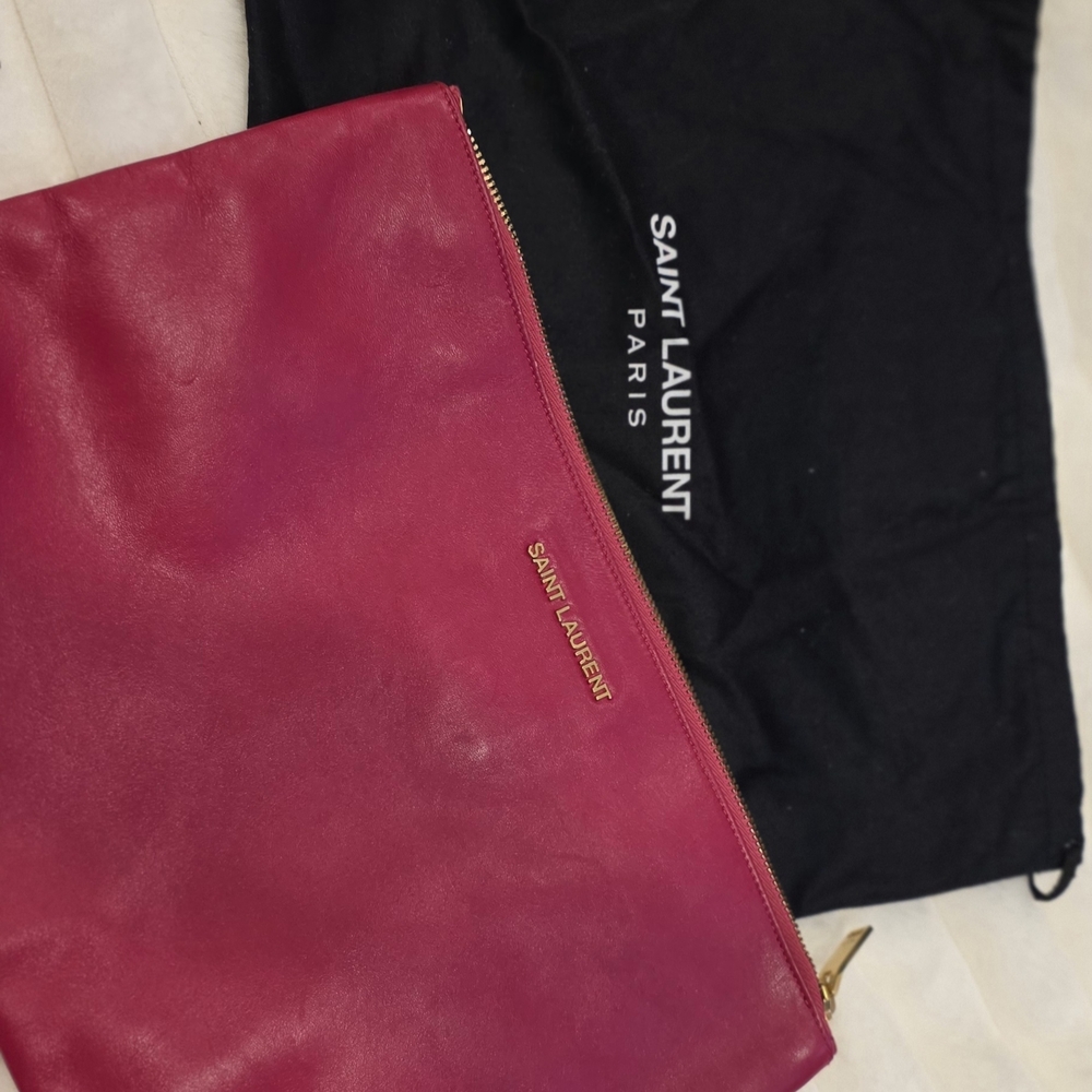 Saint Laurent Fuchsia Leather Zip Pouch with Gold Emblem